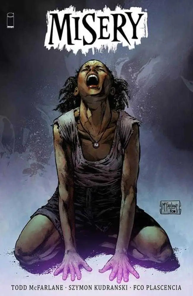 Misery comic book cover featuring Spawn Misery TP graphic with cyan Fitzgerald artwork