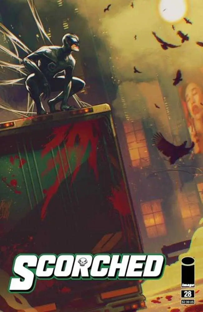 Comic book cover of Spider-Man on rooftop in Spawn Scorched #28 variant for trading cards