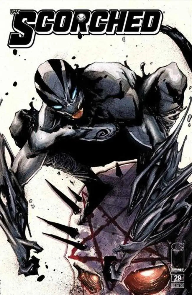 Dark armored figure with glowing red eyes from Spawn Scorched #29 Cover B variant art