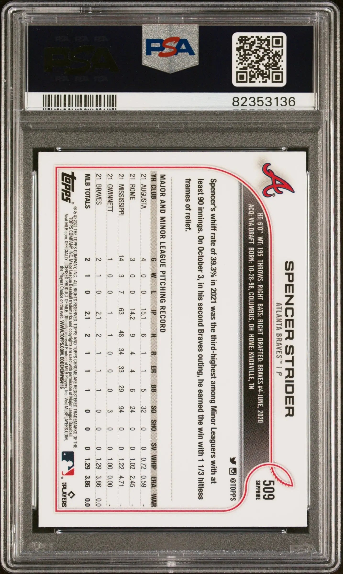 Spencer Strider 2022 Topps Chrome Sapphire #509 PSA 10 Gem Mint - Baseball Card Single