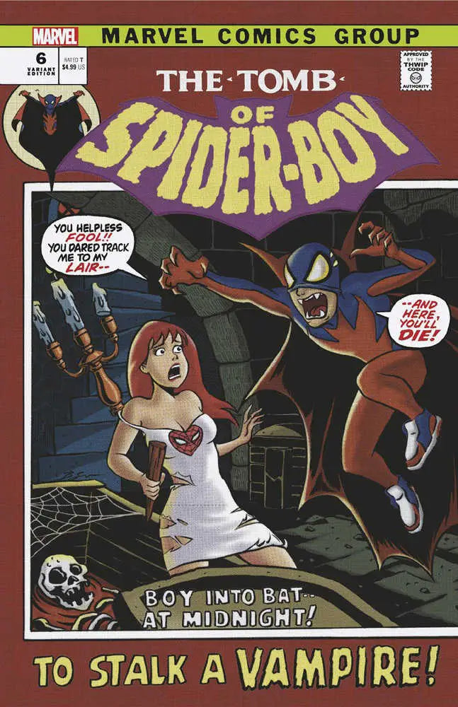 Comic book cover of Spider-Boy facing a vampire in a graveyard, perfect for trading cards