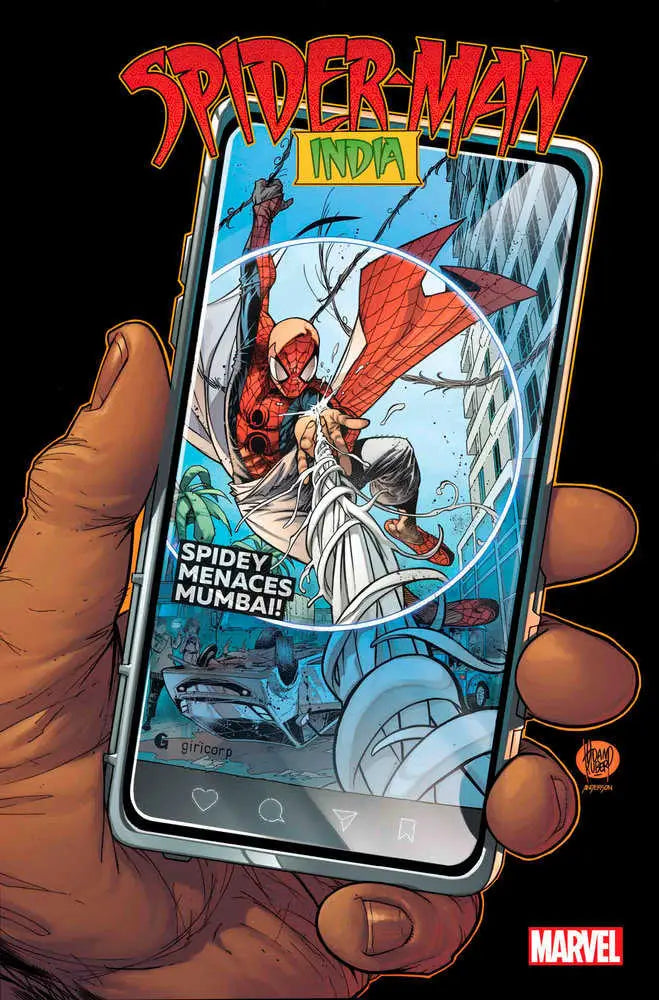 Smartphone shows Spider-Man swinging by Statue of Liberty in Spider-Man: India 3 game