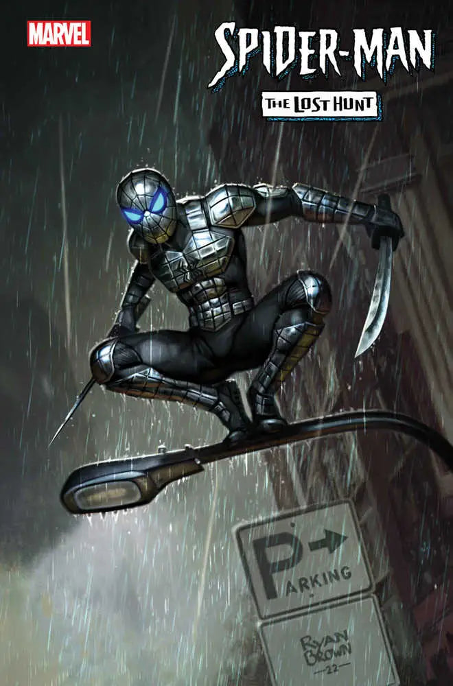 Spider-Man in a sleek black and silver armored suit for Spider-Man Lost Hunt #5 trading cards