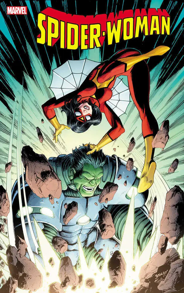 Spider-Woman #8 Mark Bagley Variant comic cover with hero above a glowing threat