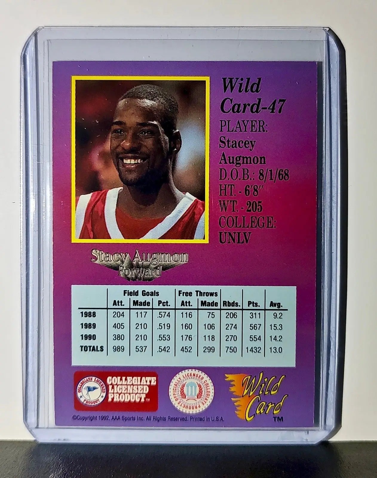 Stacy Augmon 1992 Wild Card NCAA #47 Card UNLV Runnin’ Rebels