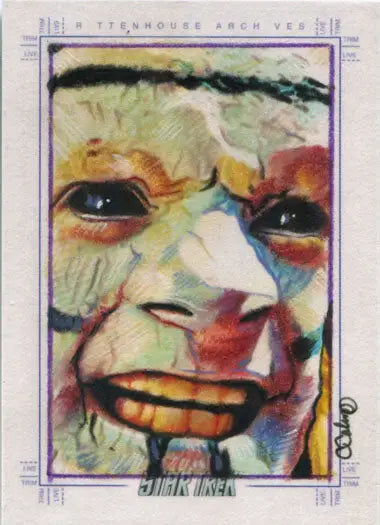 Colorful abstract portrait of a smiling Nibirian Warrior sketch card by Carlos Cabaleiro