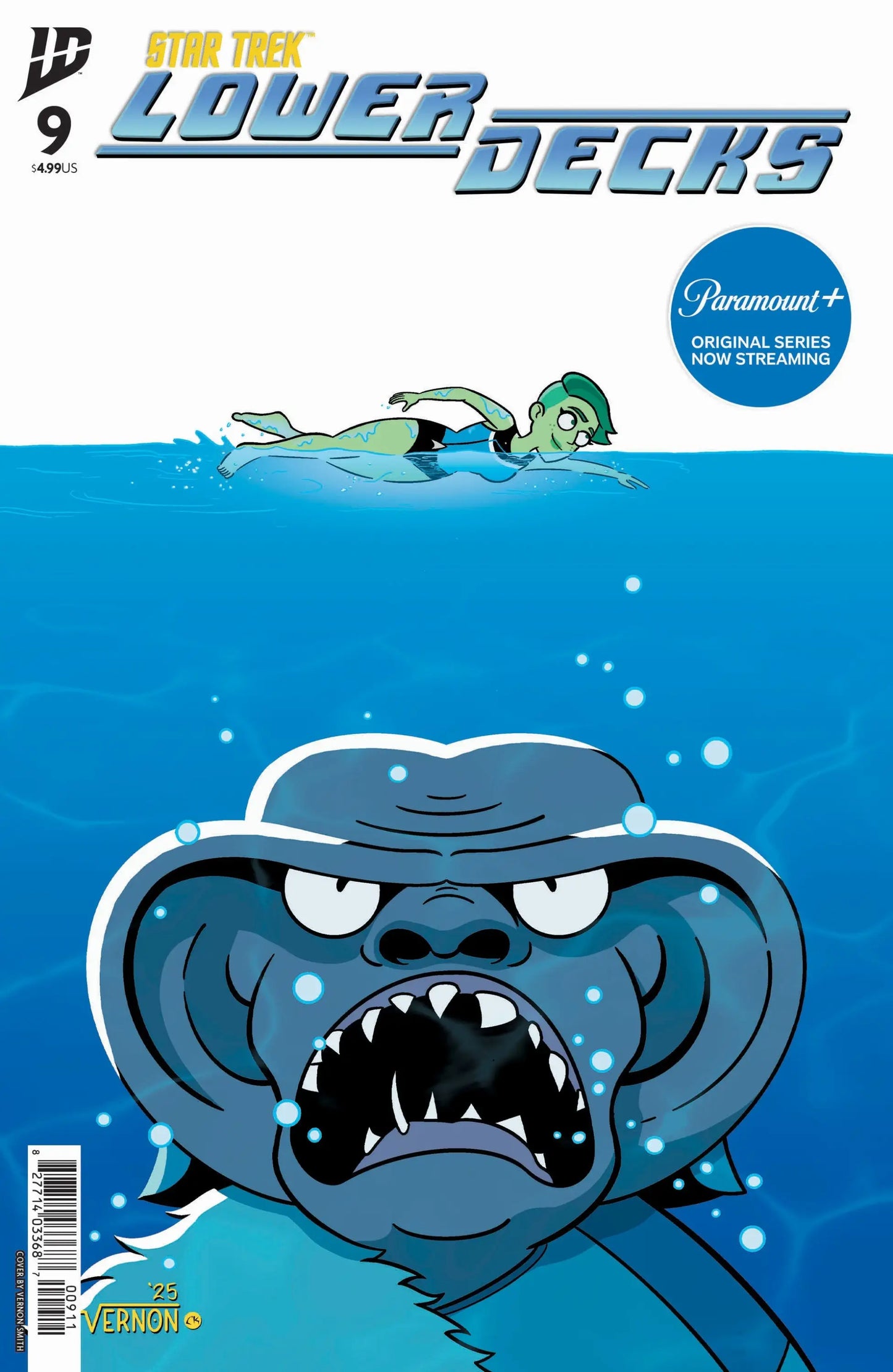 Star Trek Lower Decks comic book cover featuring a character swimming above a menacing water creature