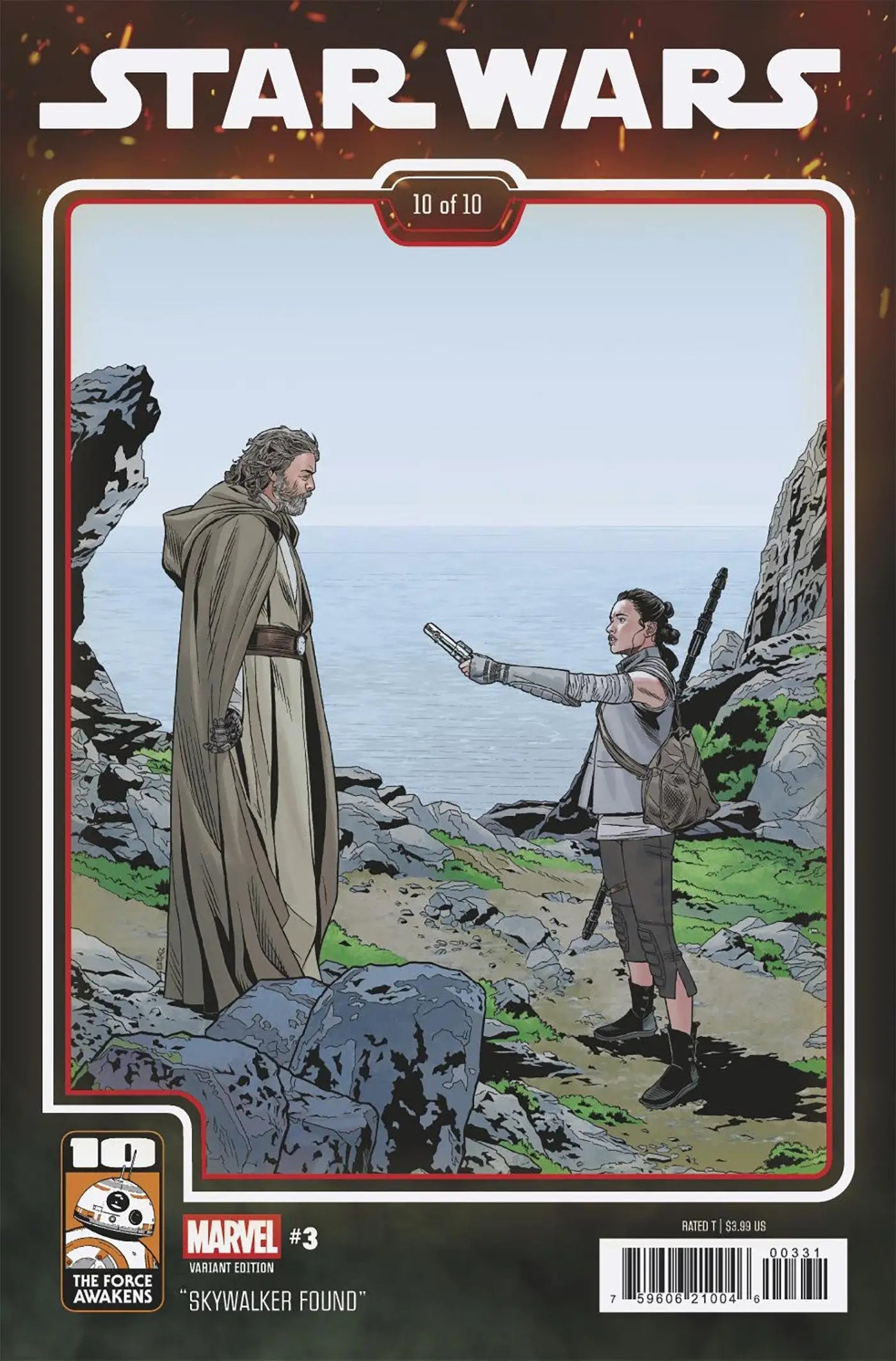Star Wars comic cover by Chris Sprouse featuring Rey offering a lightsaber to Luke Skywalker during The Force Awakens anniversary