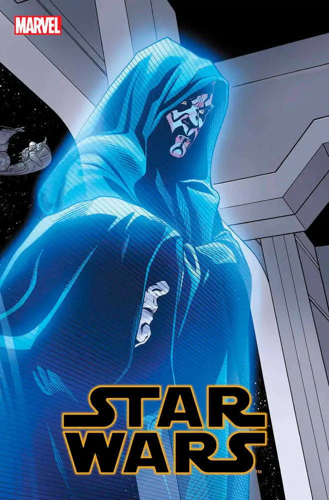 Glowing blue holographic figure in hooded robe on Star Wars trading cards variant