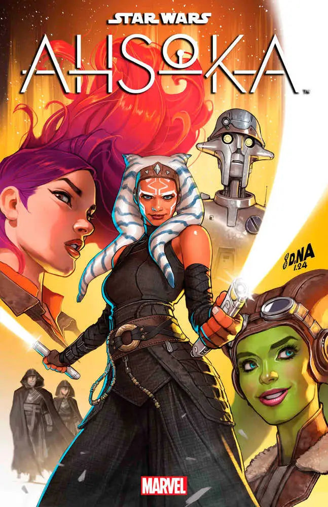 Star Wars: Ahsoka #1 comic book cover featuring characters and a yellow lightsaber