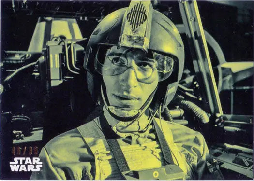 Pilot in yellow cockpit helmet featured on Star Wars trading card 46/99