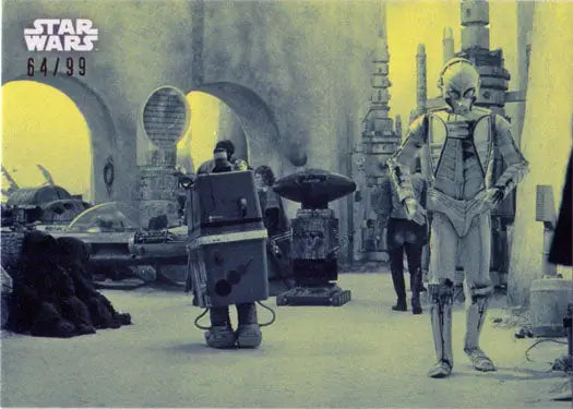 Droid characters in a desert setting on a Star Wars trading card collectible
