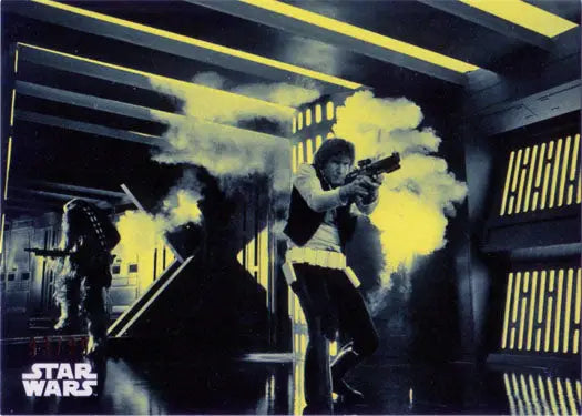 Star Wars characters firing blasters in smoke, featured in trading cards chase card
