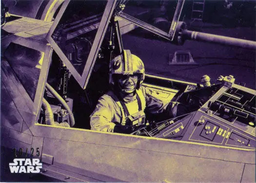 Pilot in yellow flight suit in spacecraft cockpit on Star Wars trading card 127