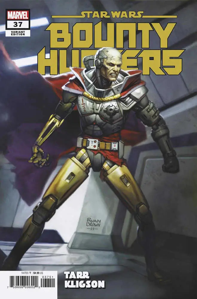 Comic book cover of armored warrior in gold and red, featuring Bounty Hunters theme
