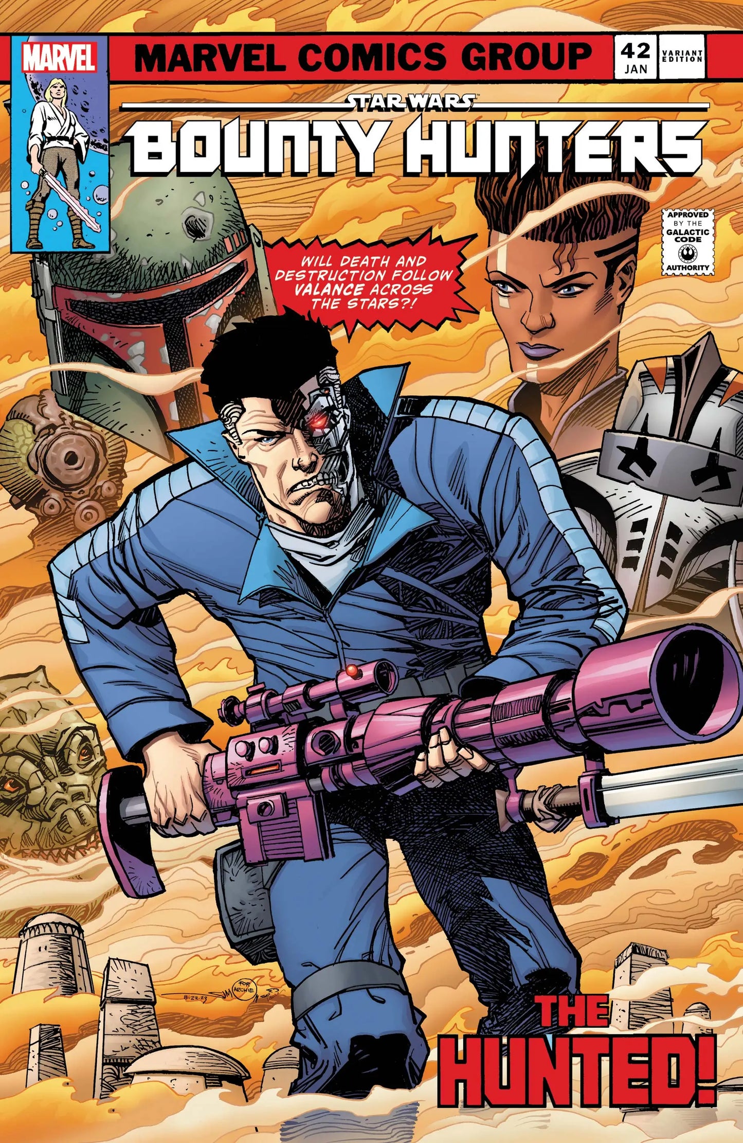 Comic book cover of Star Wars Bounty Hunters 42 featuring pink blaster rifle character