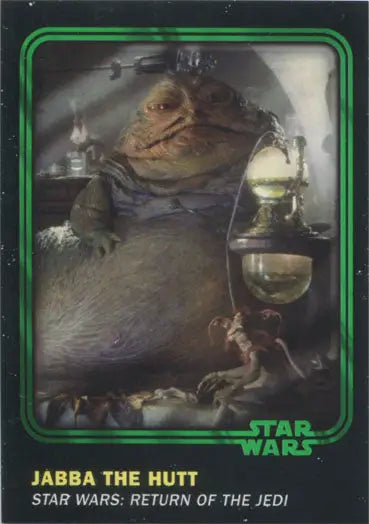 Grotesque alien creature with humanoid in Star Wars Green Parallel Chase Card 9 Jabba