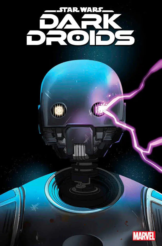 Black droid with blue accents and purple lightning in Star Wars Dark Droids trading cards