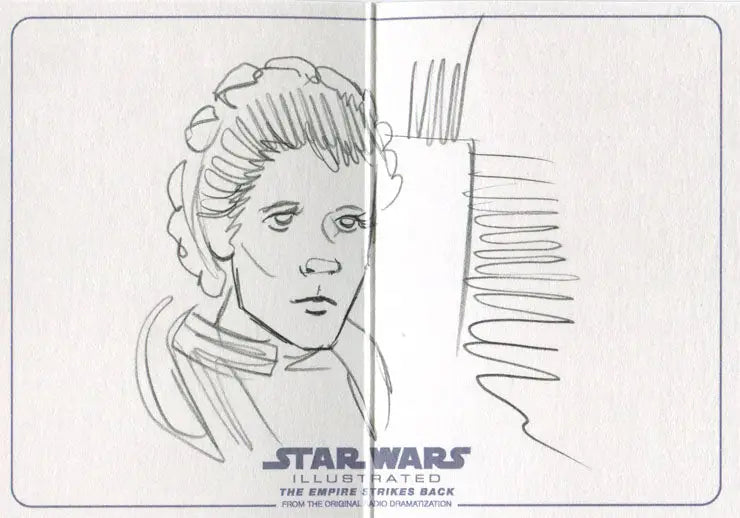Pencil sketch of Leia with elaborate hairstyle on Star Wars panorama sketch card