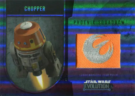 Cylindrical orange and white droid resembling Phoenix Squadron Chopper in Flag Patch