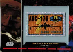 Postage stamp design showcasing ARC-170 aircraft in Star Wars Galactic Files patch card