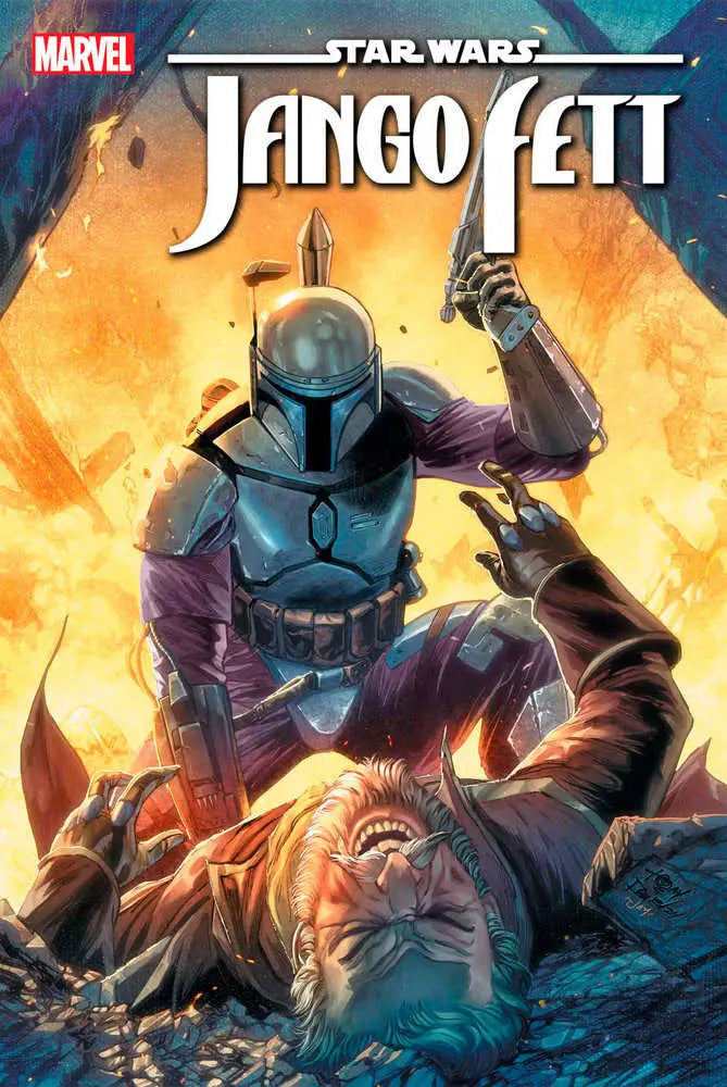 Armored Jango Fett bounty hunter with blasters in fiery backdrop for trading cards