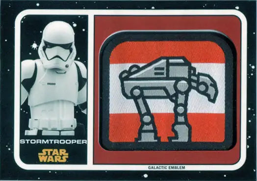 Stormtrooper and AT-AT Walker emblem patch on Star Wars trading card-style panel