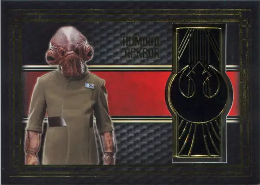 Alien character with pink squid-like head in tan uniform next to Rebel Alliance symbol on commemorative emblem card featuring Admiral Ackbar