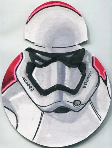 Stormtrooper helmet plush with red accents next to Andy Duggan Star Wars sketch card