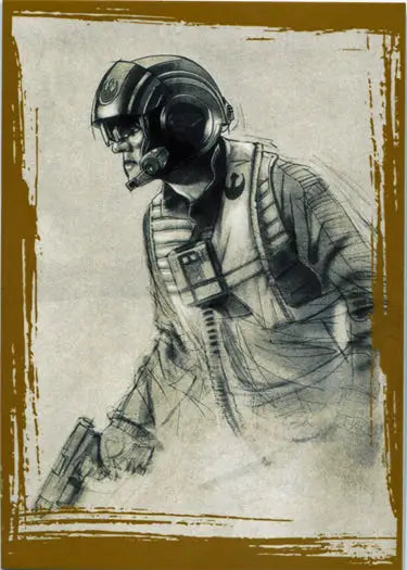 Sketch of Star Wars pilot in helmet with weapon on Gold Parallel trading card