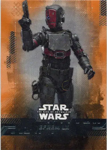 Humanoid robot with red face plate and dark armor in Star Wars Rise Skywalker Orange Parallel trading card