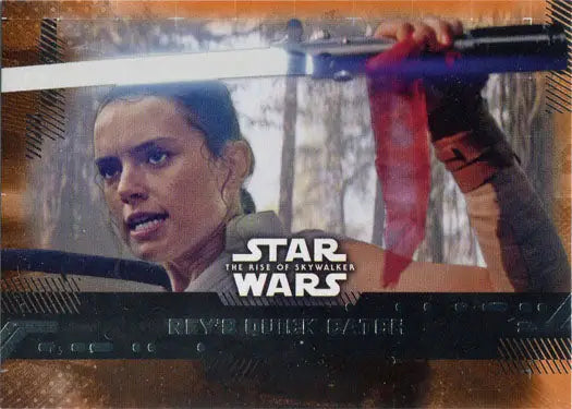 Star Wars trading card featuring Rey with lightsaber in orange parallel design