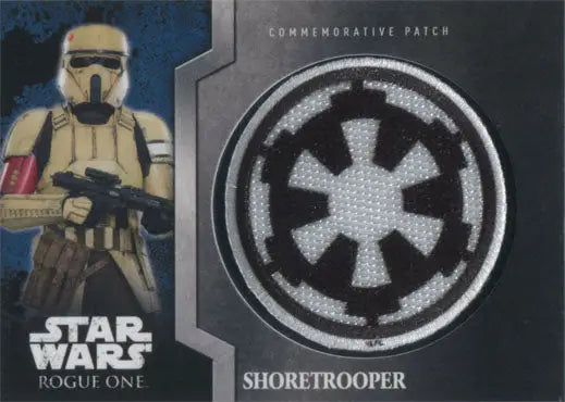 Stormtrooper figurine with Star Wars Imperial emblem patch from commemorative patch card