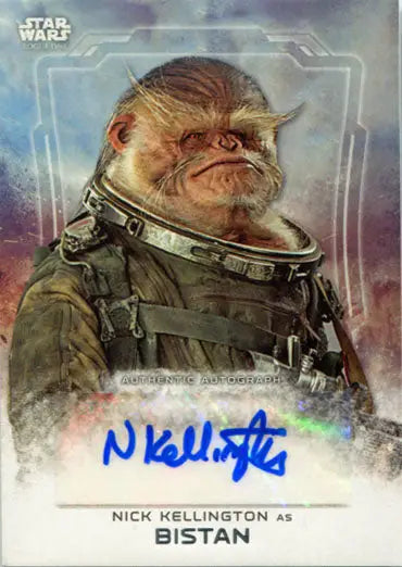 Alien creature in space suit on Star Wars autograph card by Nick Kellington as Bistan