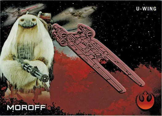 Furry white creature with long hair and a weapon in Star Wars trading cards display