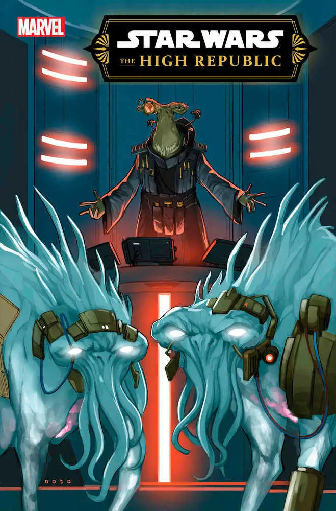 Comic book cover with Gungan and glowing blue aliens from Star Wars: The High Republic #8