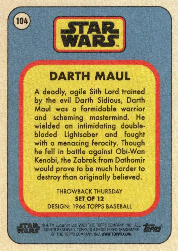 Vintage Star Wars trading card showcasing Darth Maul from 1966 Topps Baseball