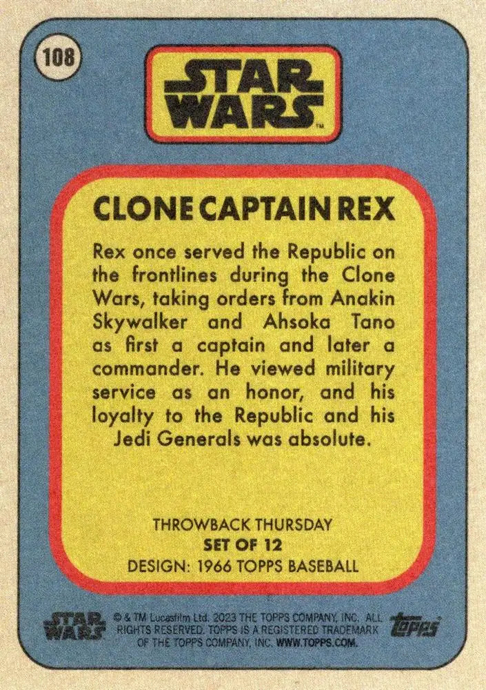 Vintage trading card of Clone Captain Rex from Star Wars, inspired by Topps Baseball