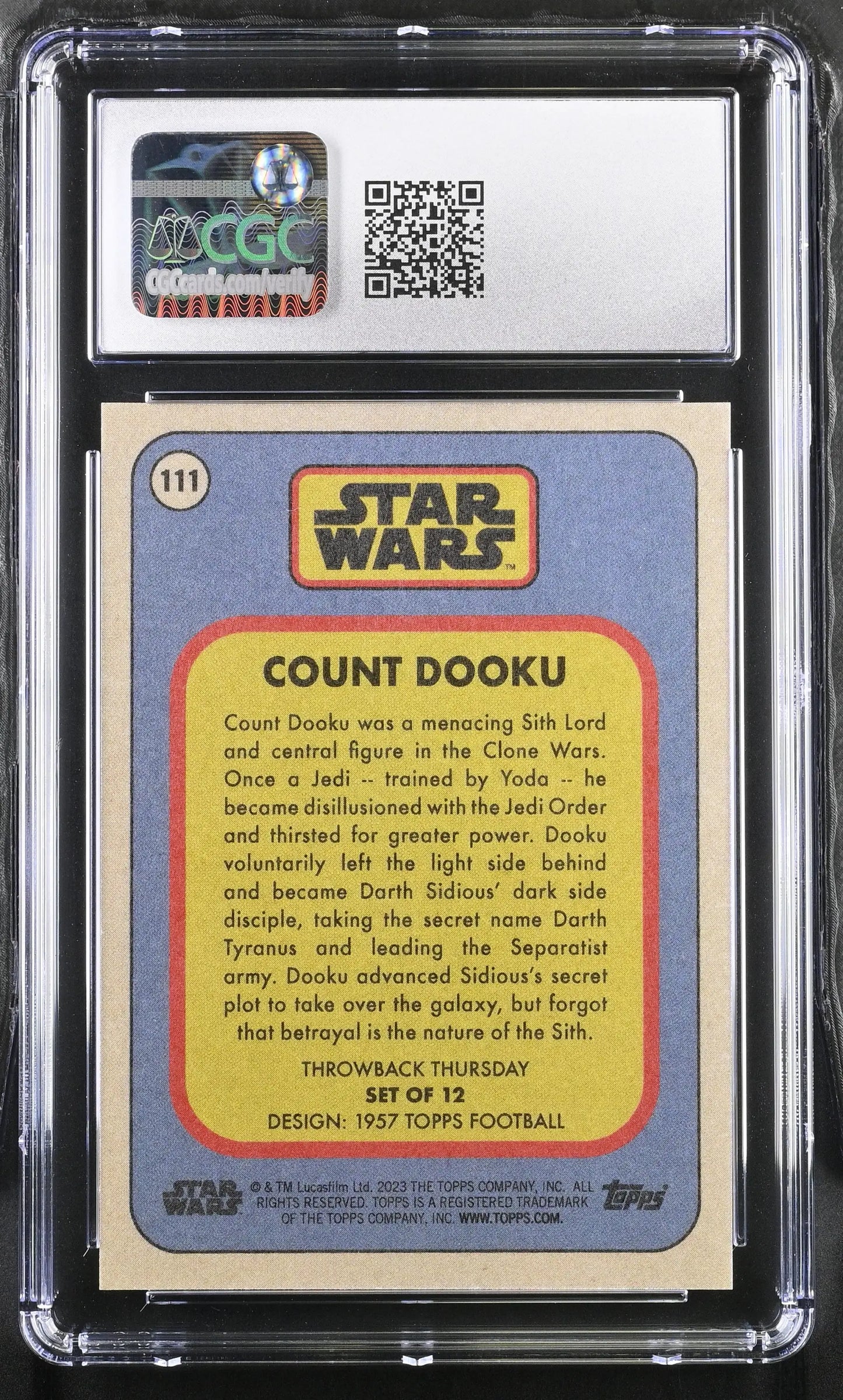 Star Wars trading card of Count Dooku in protective holder with QR code visible