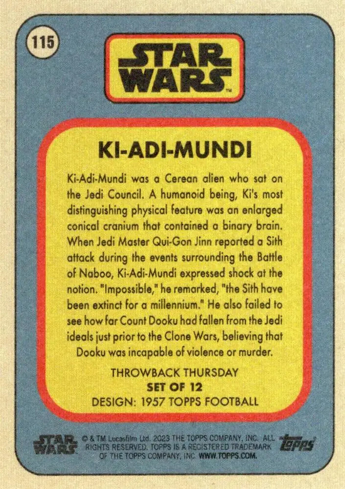 Vintage trading card of Ki-Adi-Mundi from Star Wars in Topps Football design