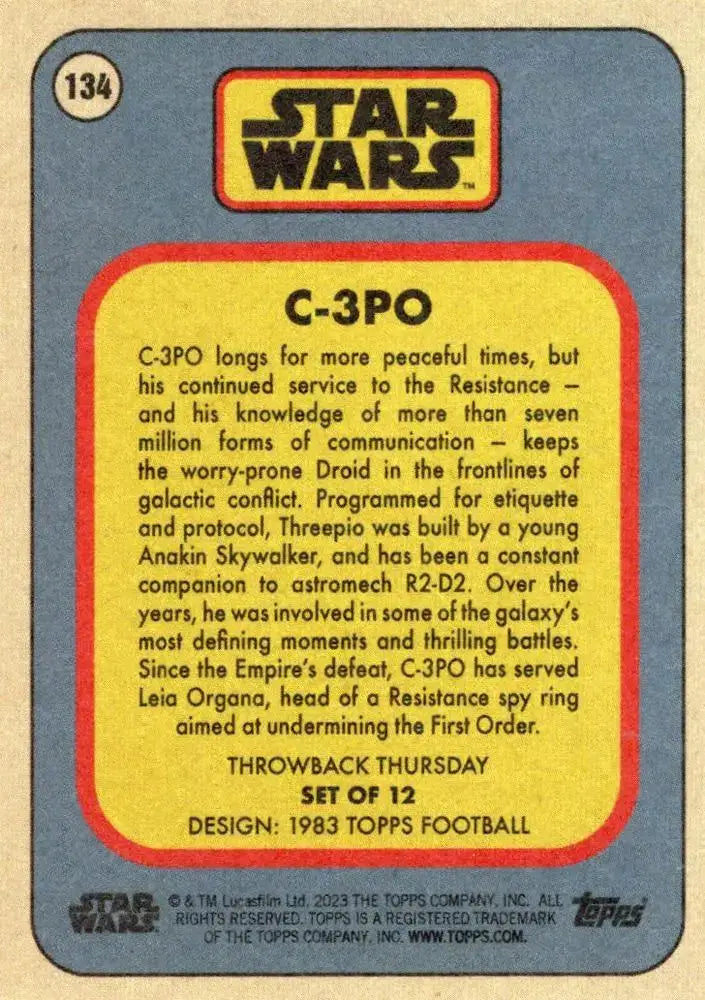 Star Wars Throwback Thursday 2023 Card #134 C-3PO 1983 Topps Football - Non-Sports Card Single