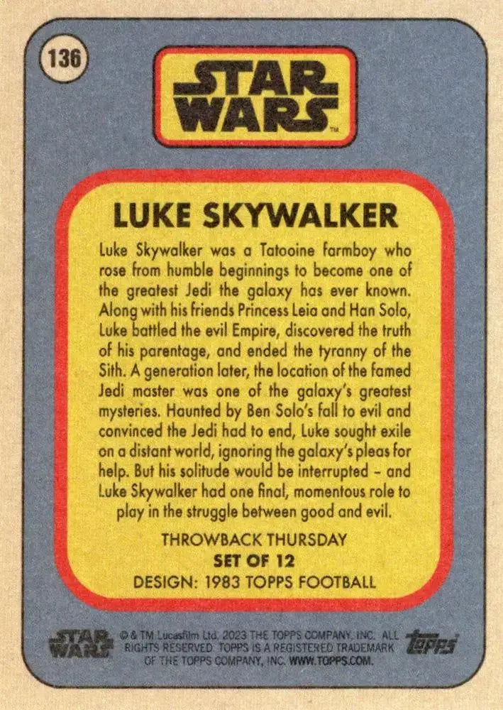 Star Wars Throwback Thursday 2023 Card #136 Luke Skywalker 1983 Topps Football - Star Wars Card Single