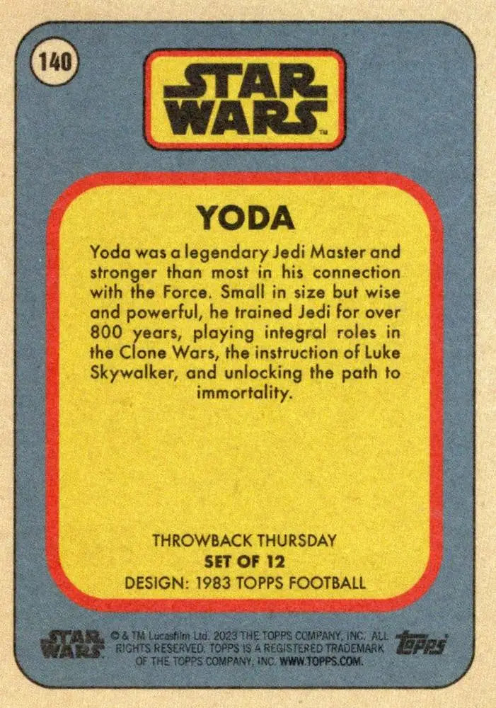 Trading card featuring Yoda from Star Wars in Topps Football Throwback Thursday 2023
