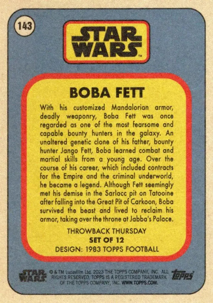 Trading card of Boba Fett from Star Wars in Topps Football Throwback Thursday 2023