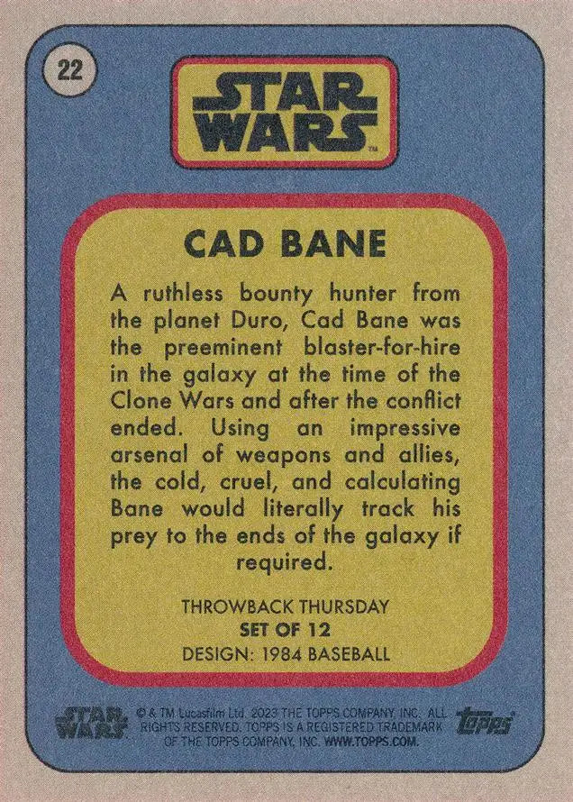 Vintage Star Wars trading card of Cad Bane from the 1984 Baseball series