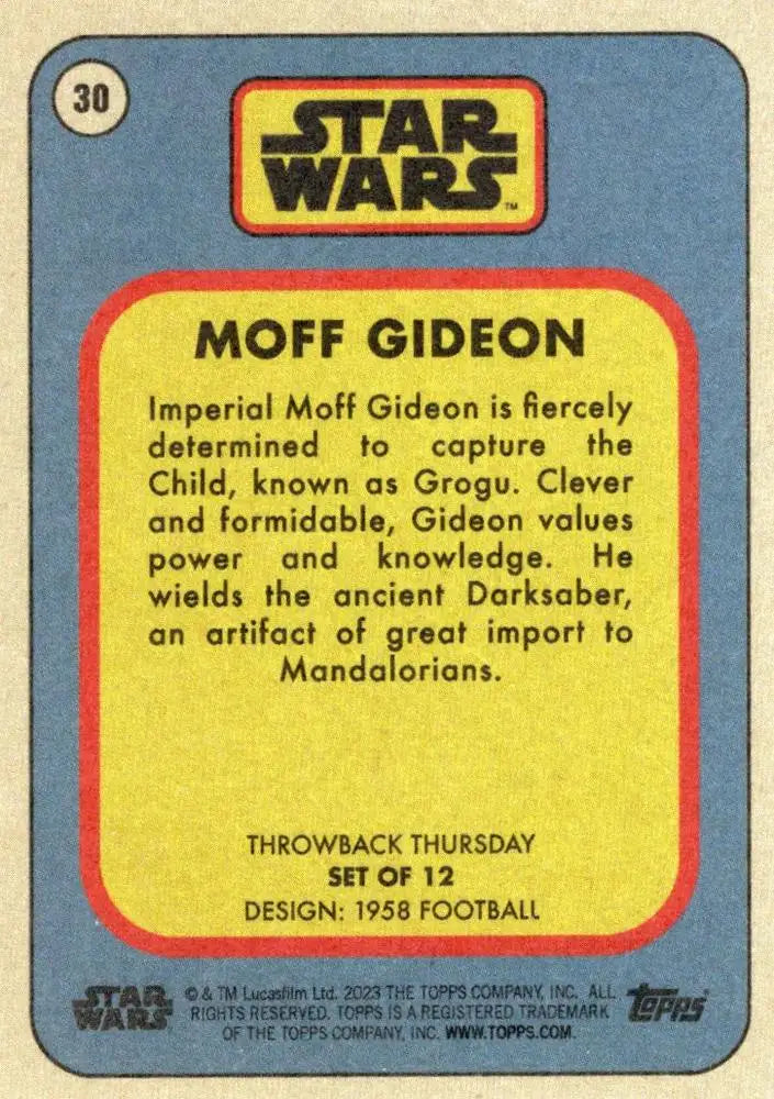 Vintage-style Star Wars trading card featuring Moff Gideon from baseball cards collection