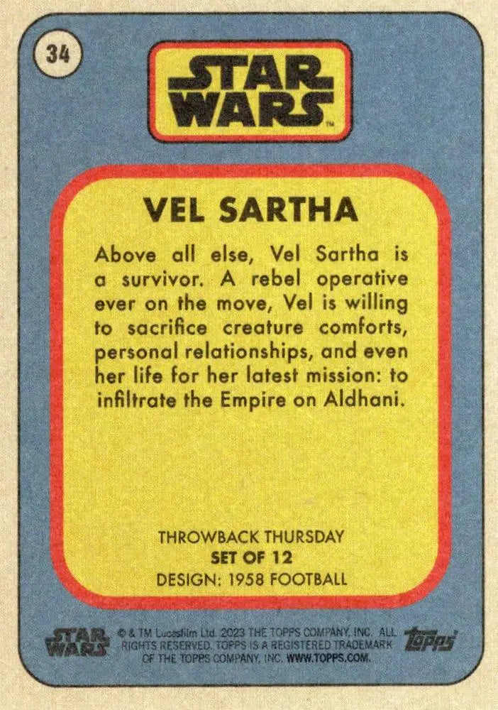 Vintage Star Wars trading card featuring Vel Sartha in 1958 football style design