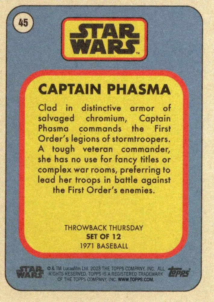 Vintage-style trading card of Captain Phasma from Star Wars for baseball card collectors