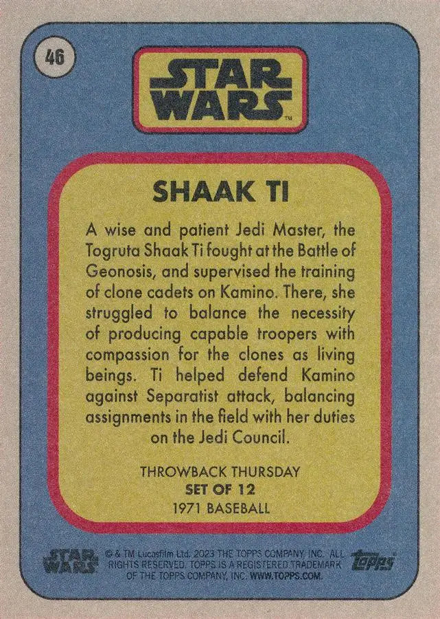 Vintage Star Wars trading card of Shaak Ti from the 1971 Baseball series