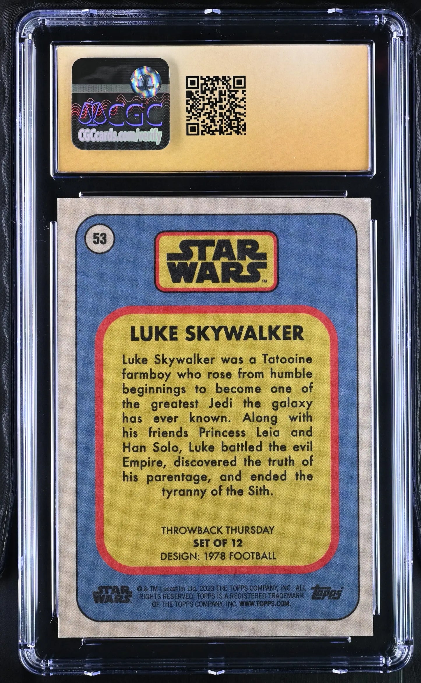 Graded Star Wars trading card of Luke Skywalker in protective case CGC 10 Pristine
